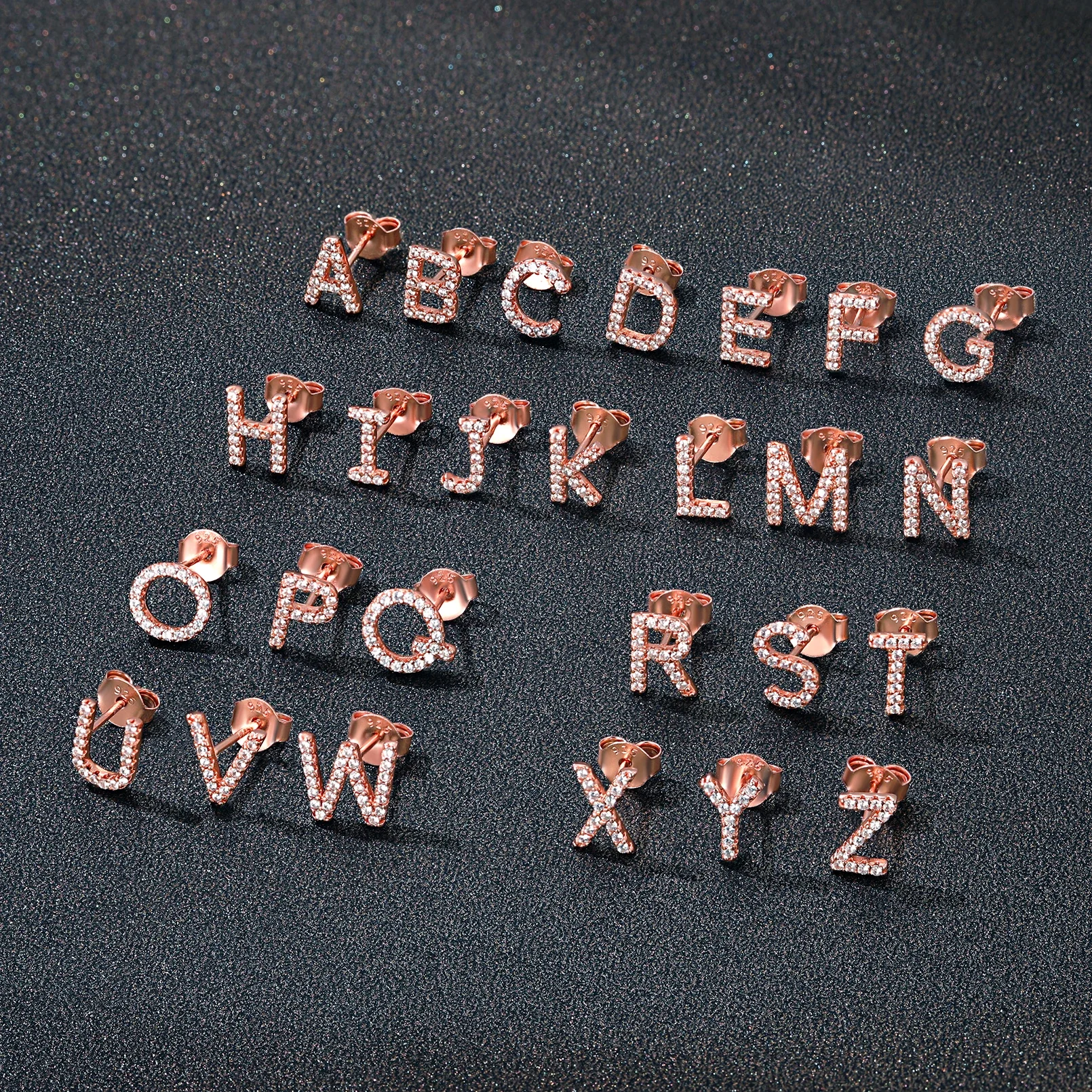 Initial Letters Stud Earrings for Women Rose Gold Color 925 Silver White Cubic Zirconia Pave Setting Daily Jewelry