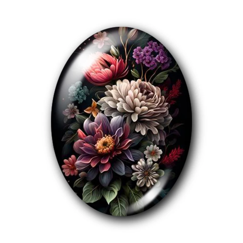 Elegant Gold & Black Floral Patterned Oval Glass Cabochons: Perfect for Crafting & Jewelry Making (10pcs)