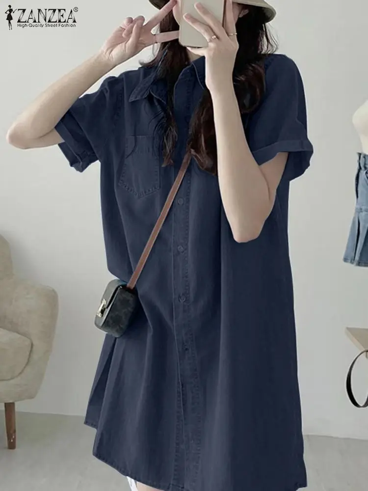 

ZANZEA Woman Elegant Shirtdress Fashion OL Dress Female Casual Vintage Sundress Summer Short Sleeve Lapel Solid Denim Robe