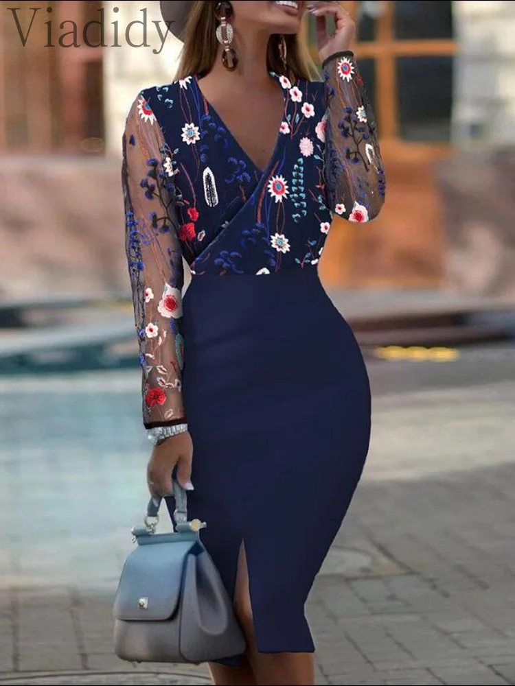 

Women Elegant Sheer Mesh Embroidery Long Sleeve Slit V Neck Pencil Dress