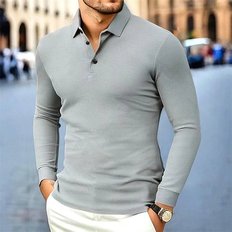 Herren Business Casual Langarmhemd Einfarbig Modisches, atmungsaktives, bequemes, vielseitiges Poloshirt – Detail 3