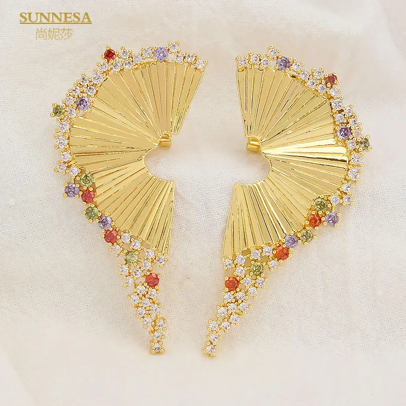 SUNNESA Luxury Colorful Zircon African Clip Earrings for Women Wedding Dubai Golden Fanshaped Big Earrings Bride Jewelry