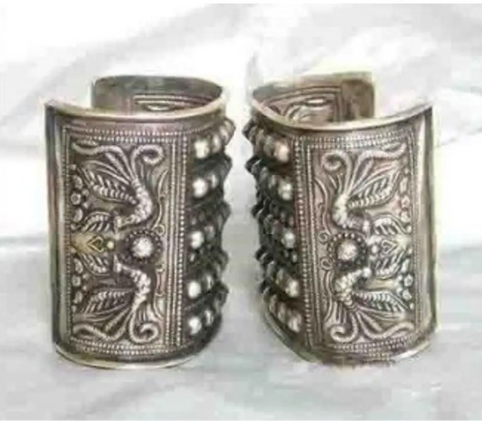 

Asian China Handcrafted Superb Jewelry flower carved phoenix tibetan miao silver two bracelet Bangle