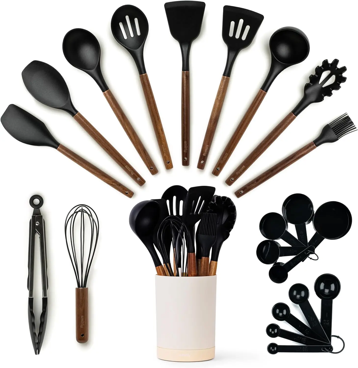 

Silicone Kitchen Utensils Set & Holder: Cooking Utensils Set - Kitchen Essentials for New Home & 1st Apartment- Silicone