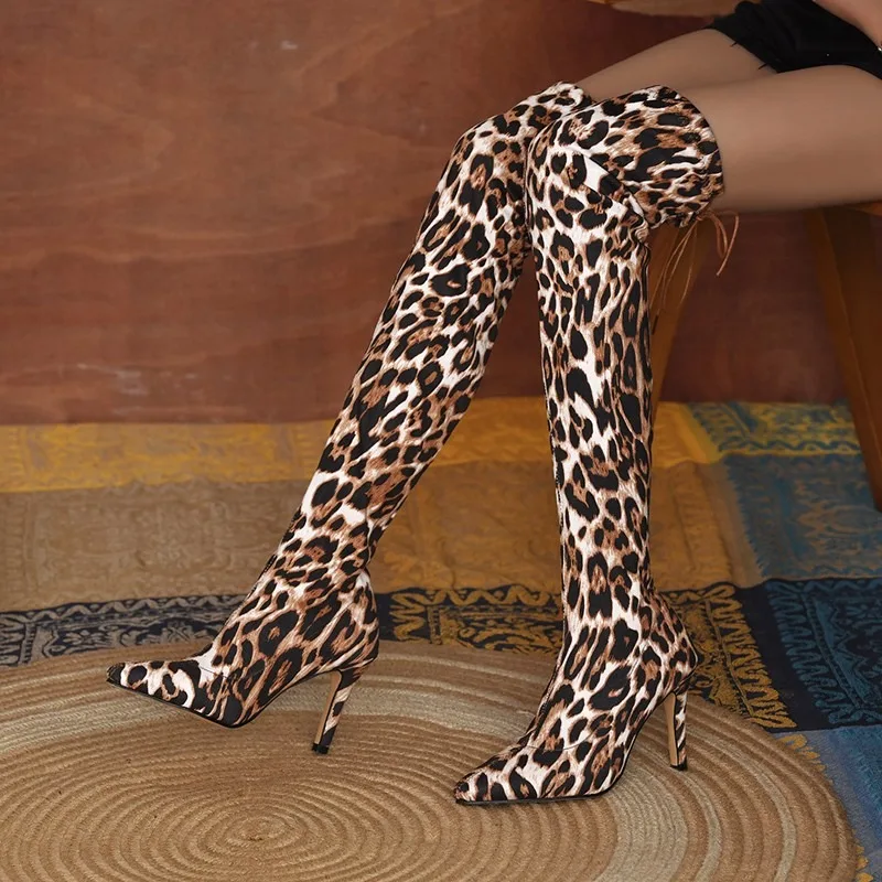 Fashion Women's Boots Animal Print Women's Boots Sexy Leopard Print High Heels Over the Knee Pointed Toe Sock Boots for Women
