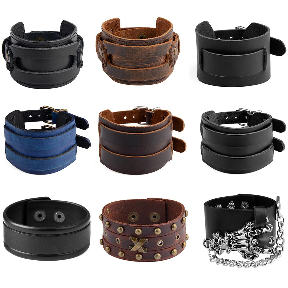 Hot Fashion Punk Rivet Wide Leather Bracelets For Men Women Cuff Vintage Rock Jewelry leather bracelet
