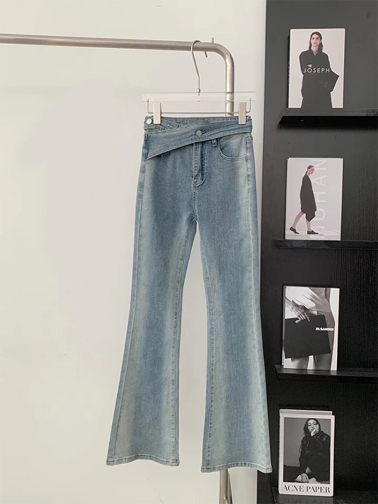 

2022 Women Autumn Design Winter High Waist Wide Leg Denim Bell Bottom Pants Loose Straight Cylinder Retro Wash Jean Flare Pants