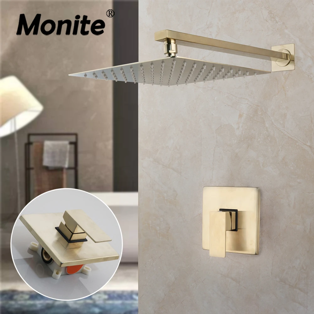 Monite Luxuriöses 8/10-Zoll-Duscharmatur-Set Aus Gebürstetem Gold Mit Integrierter Regendusche, Mischbatterie Zur Wandmontage Für Badewanne Und Dusche