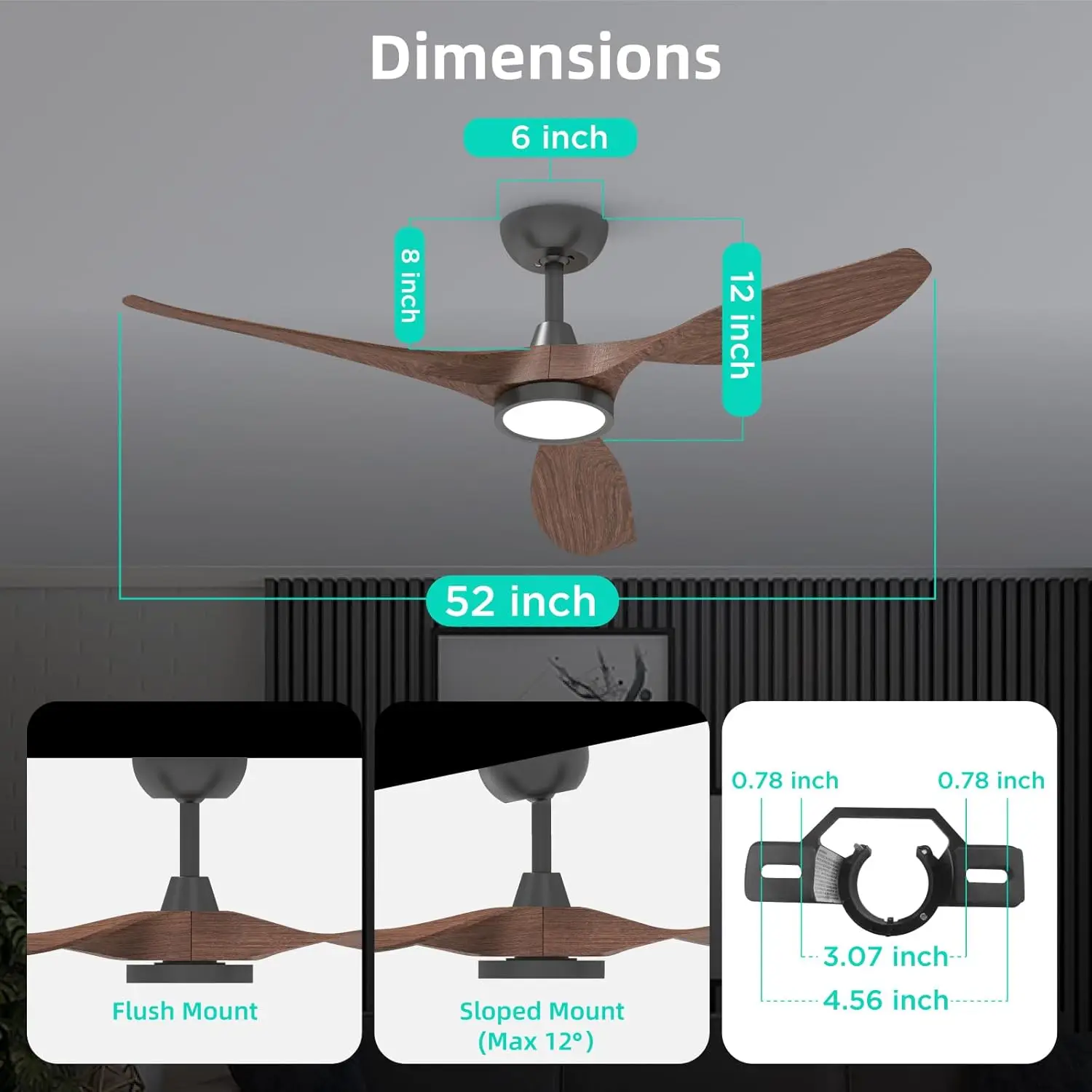 Ceiling Fans with Lights and Remote, 52 Inch Large Airflow Indoor Ceiling Fans with Quiet DC Motor