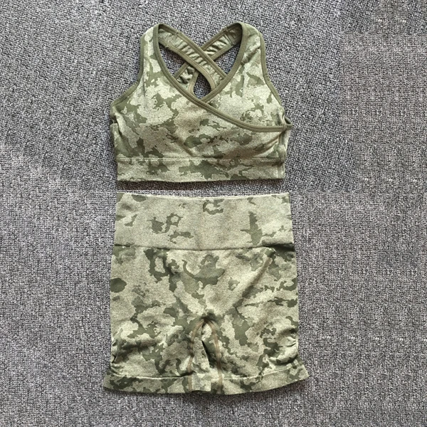 Seamless  Women Camo Yoga Sets Workout Scrunch Legging Shorts Back Cross One Female Jumpsuit Fitness Gym Rompers Active Suits