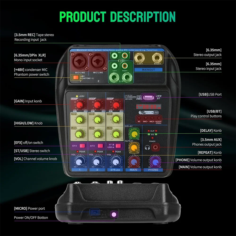 휴대용 4채널 오디오 믹서 레코딩 사운드 콘솔 카드, BT 48V USB 인터페이스 포함, DJ, 가라오케, PC, MP3, 마이크용
