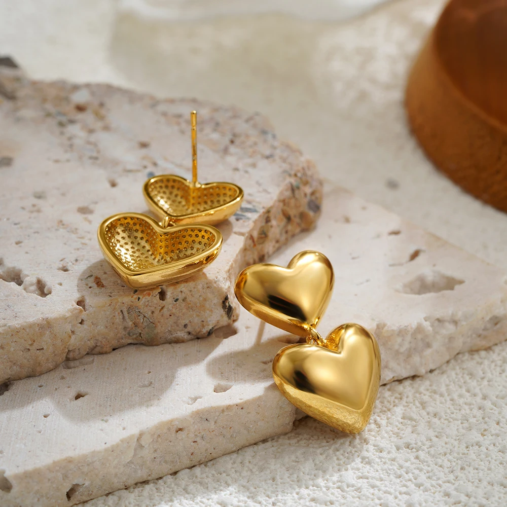316 Stainless Steel Double-layer Glossy Gold Plated Heart Shape Dangle Earrings Anti Allergic Metal Wedding Bride Charm Jewelry