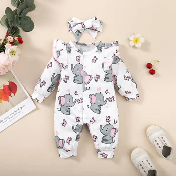 0-18Months Rompers for Newborns Long Sleeve Baby Girl Jumpsuit Cute Elephant Print Infant Baby Bodysuit Toddler Girl Clothes 1