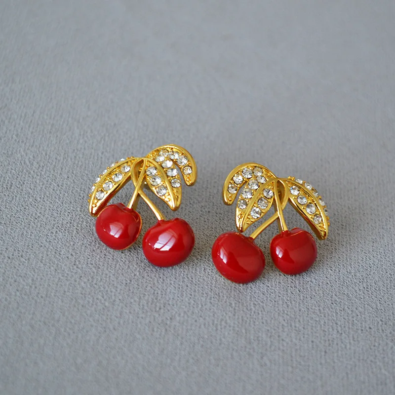 Cherry Flash Diamonds 925 Silver Needle Vintage Brass Gold-plated Earrings