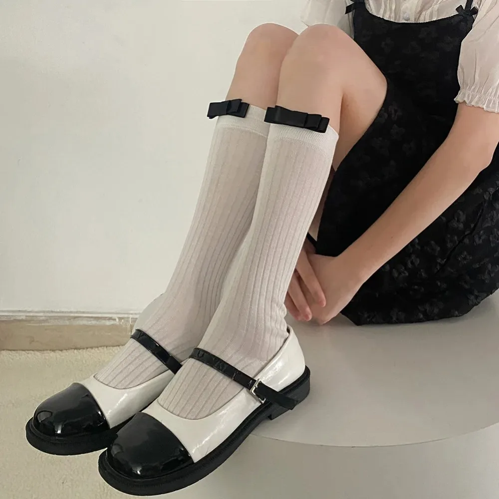 

Grey Bowknot Cute Women Stockings Girls Long Socks Stockings Women Kawaii Japanese Styles Solid Color Knee Socks Gifts JK Lolita