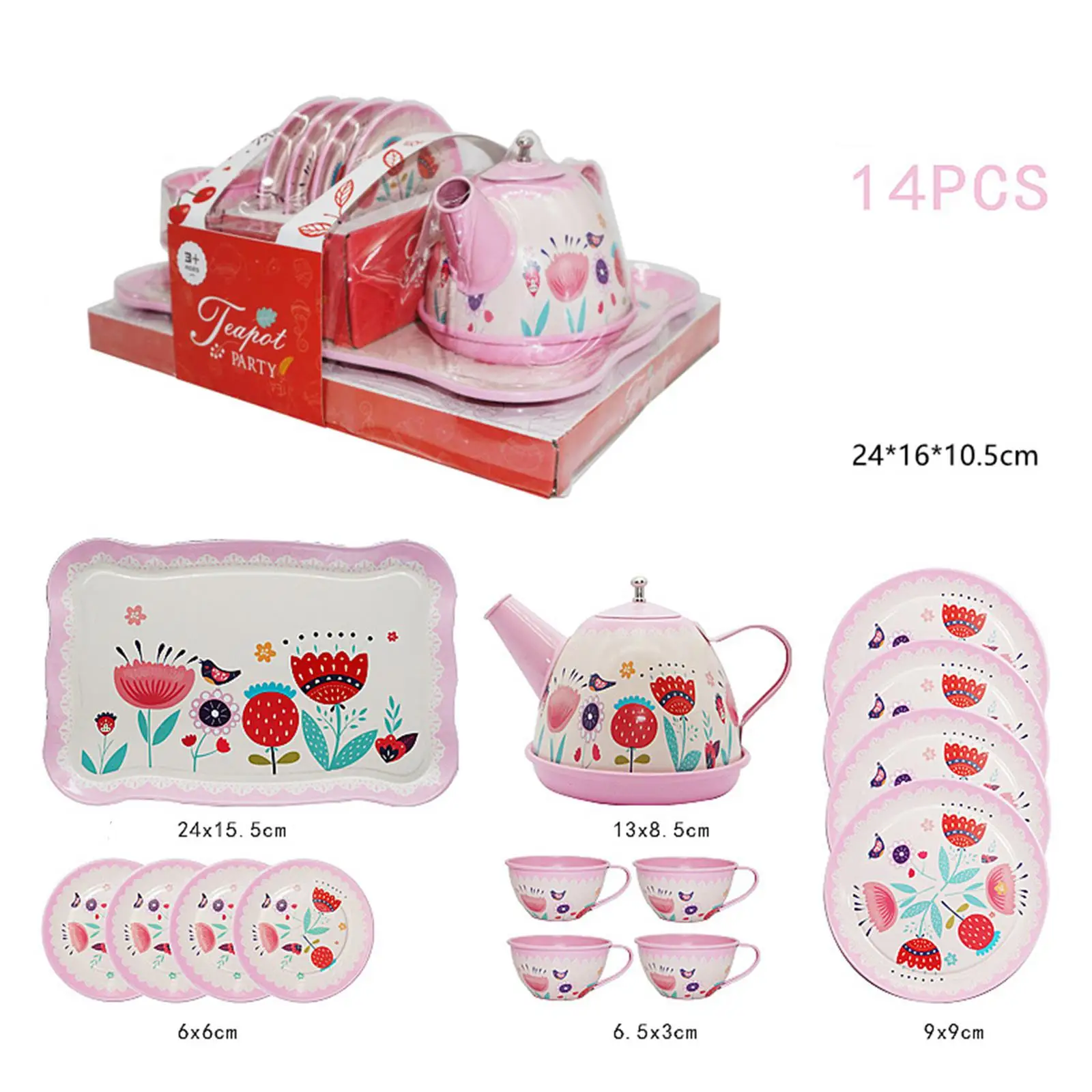 Kids Tea Set Metal Teapot Cups Dishes Afternoon Tea Playset for Age 3 4 5 6