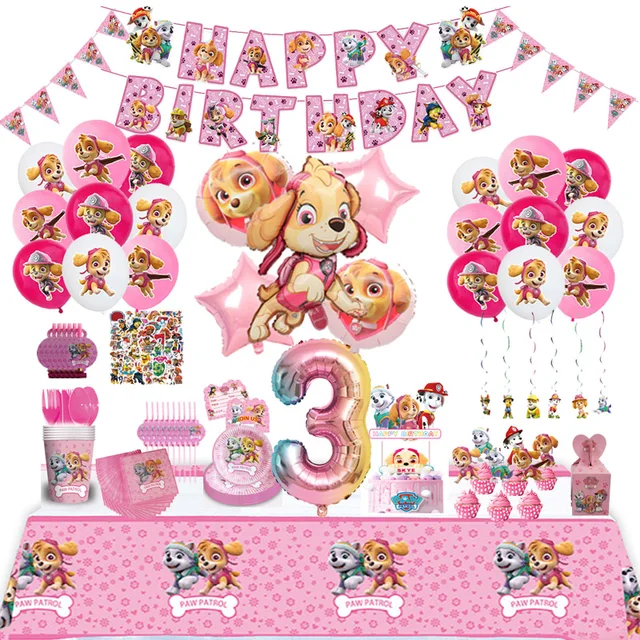Paw Patrol – décorations de fête à thème Skye rose, ensemble de vaisselle, assiettes, gobelets, serviettes, fournitures de fête pour enfants, jouets cadeaux 1