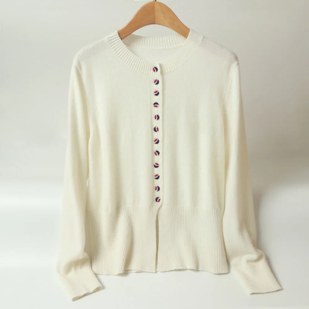 

48 Worsted Wool Sweater Button Round Neck Long Sleeve Thin Cardigan Spring and Autumn New Style