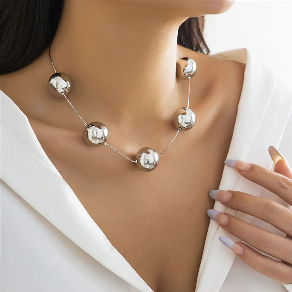 Creative Silver Color Big Ball Bead Choker Necklace for Women Trendy Punk Goth Thin Chain Accessories Grunge Jewelry Steampunk