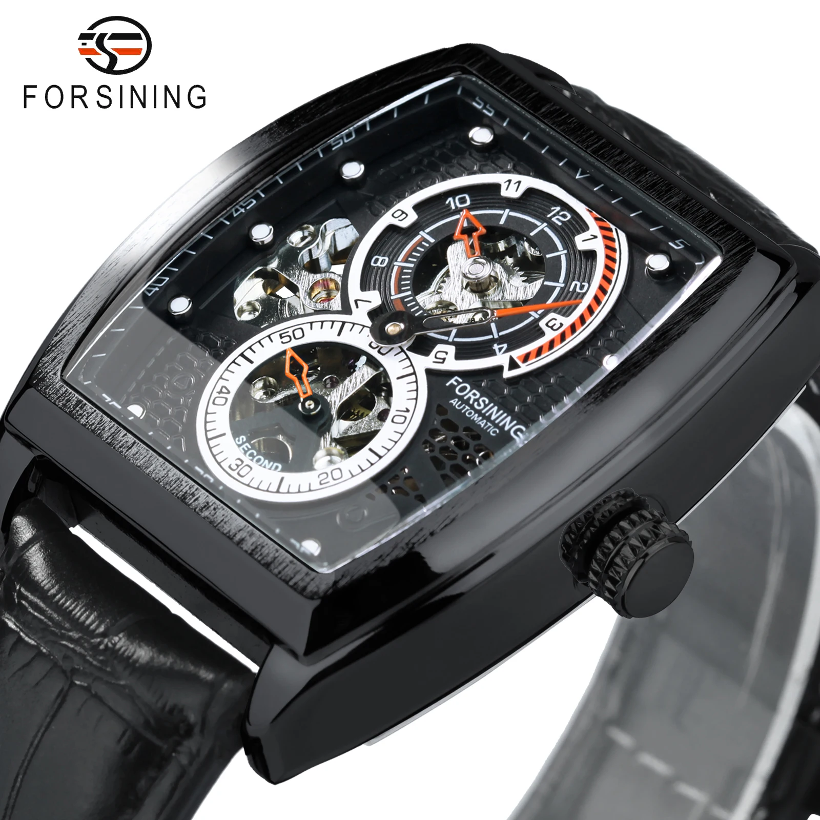 Forsining Sport Automatic Mechanical Watch For Men Luminous Dial Rectangler Skeleton Male