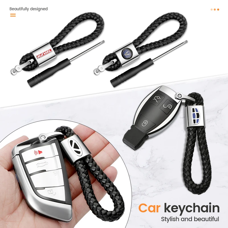 Car Logo Key Rings PU Leather Braided Woven Rope Keychain Car badge Key