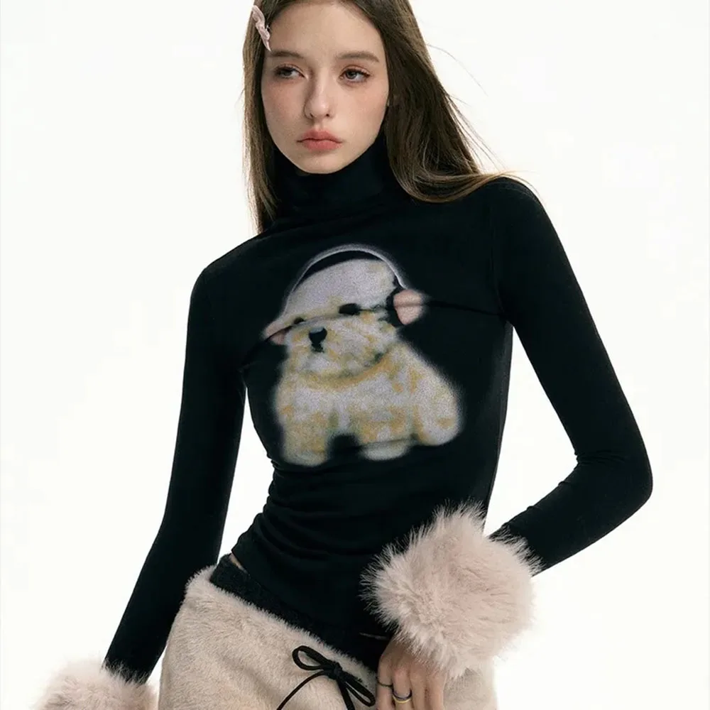 

y2k Hot Girl Dog Print Sweater For Women Retro Turtleneck Bottoming Shirts Female Autumn Winter Slim Fit Plush Cuff Knitted Tops