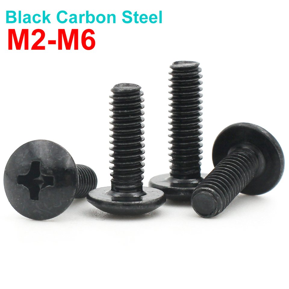 10pcs/lot M2 M2.5 M3 M3.5 M4 M5 M6 Black Plated Electronic Carbon Steel Cross Phillips Truss Mushroom Head Screw Bolt