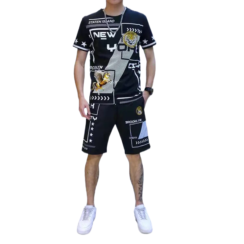 Men's Summer Short sleeve Shorts pants Suit Fashion Brand Handsome Printing Fashion Casual Slim-fit 2-piece Set