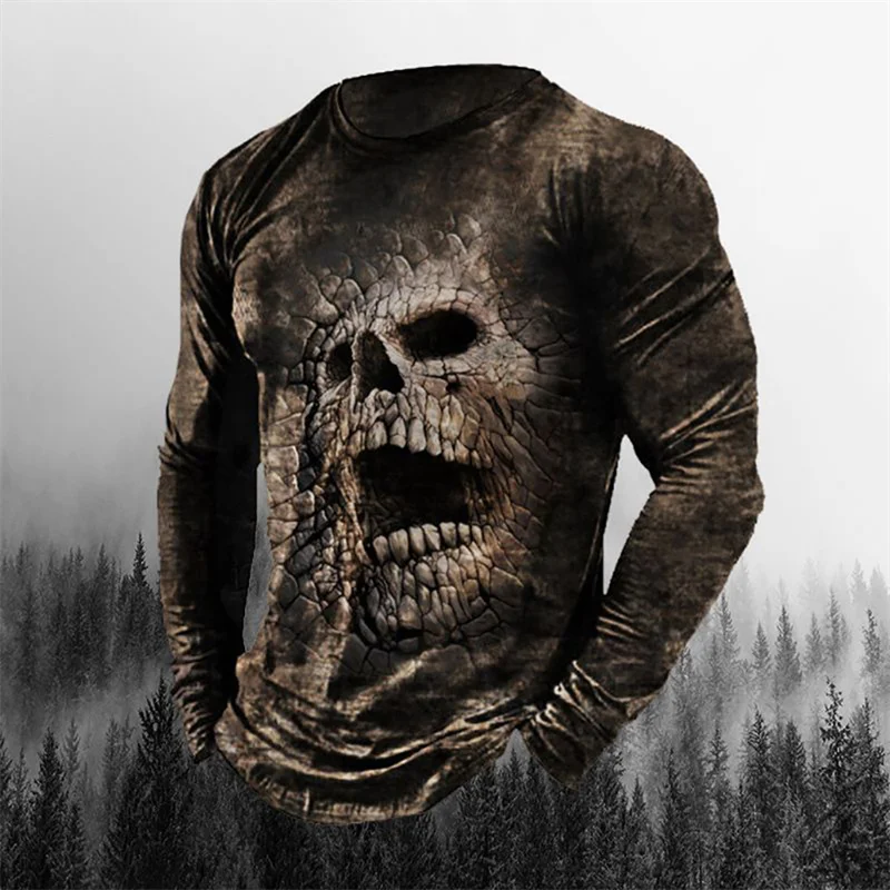 Long Sleeve Horror Skull 3d Printed Men's Oversized T Shirt New Winter Street Hip Hop High Quality Fashion Black Casual Shirt
