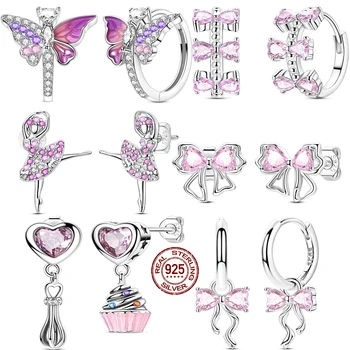 Hot Selling 925 Sterling Silver Pink Bow Butterfly Zircon Exquisite Earrings Suitable For Girls Charming Jewelry Gifts