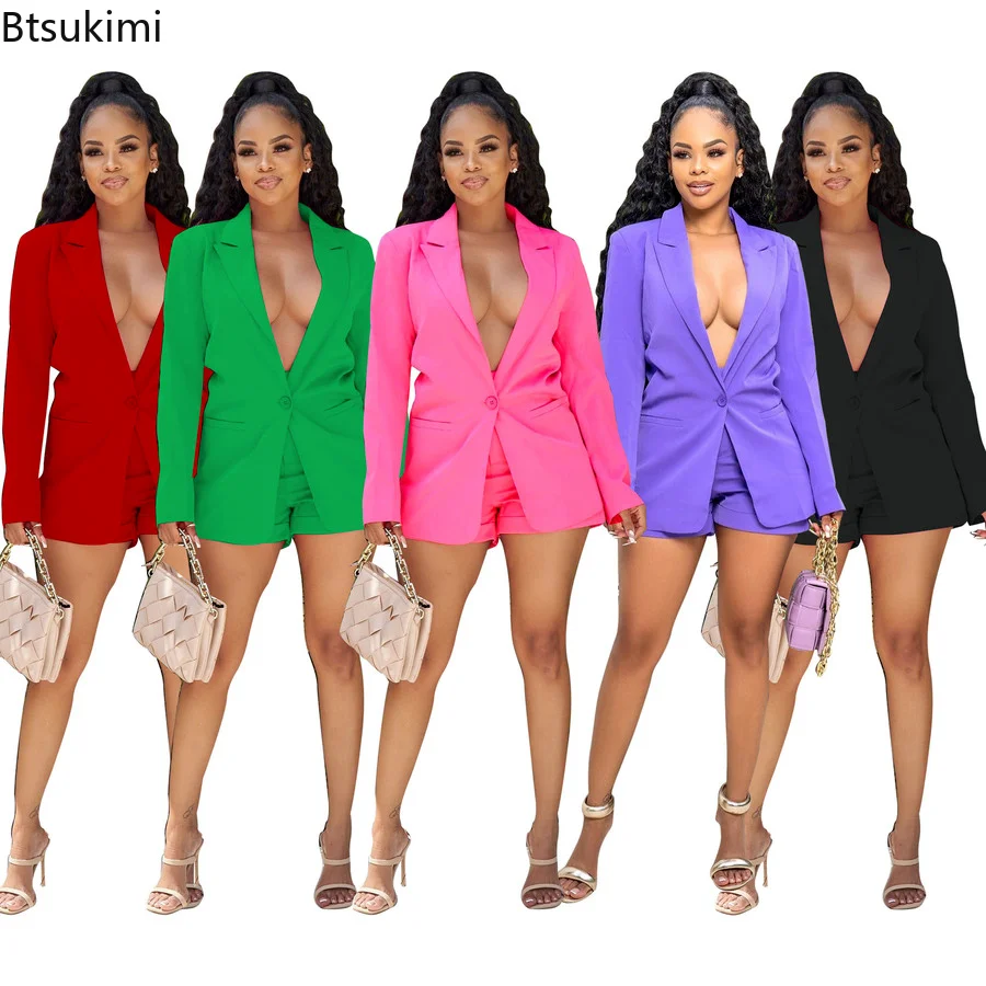 New2022 Summer Ladies Office Suits Sets Outfits with Long Sleeve Spring Solid Blazer Shorts Slim Elegant Business Suit Sets 2PCS korean formal ladies khaki orange women business suits with sets work wear office uniform 2 piece large size pants jacket set