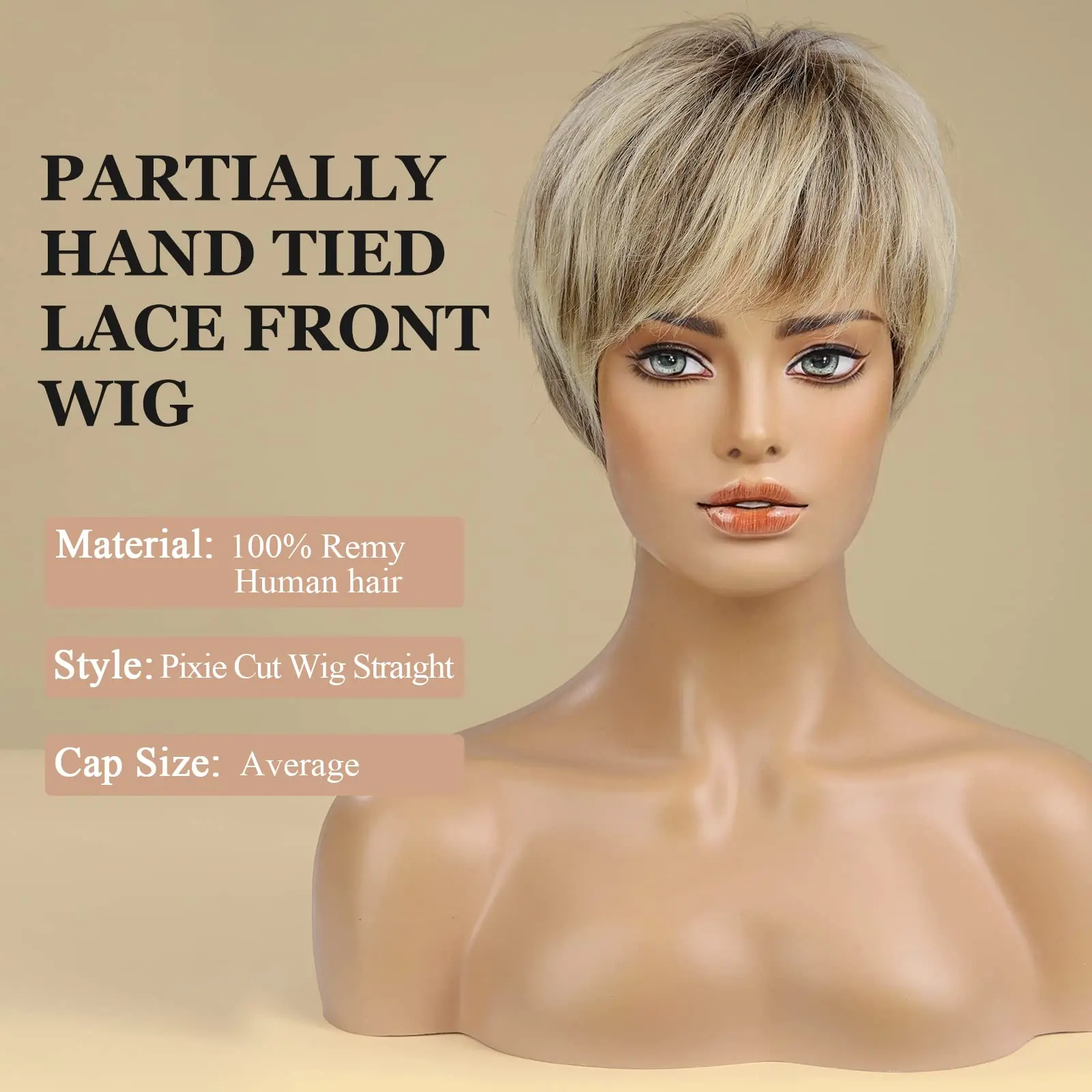 Short Pixie Cut Human Hair Wig with Bang Glueless HD Lace Front Wigs for Women Mixed Blonde Brown Remy Hair Highlight Cheap Wig
