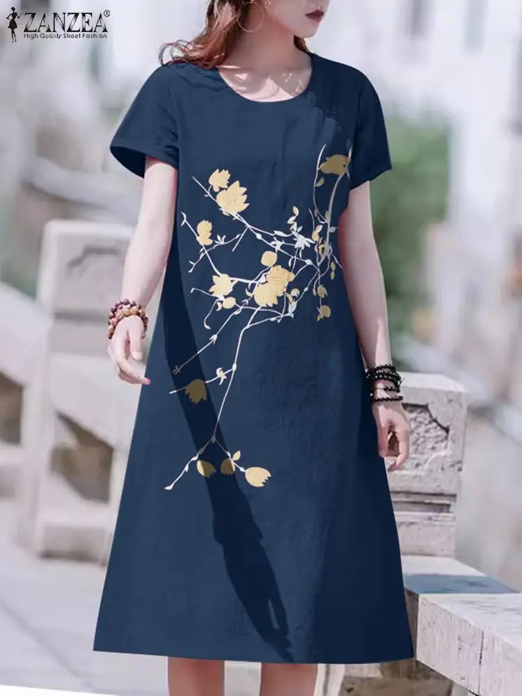 

2024 Summer Short Sleeve Dress ZANZEA Fashion Vintage Women Casual Floral Printed Vestidos Bohemian O-Neck Loose Midi Sundress