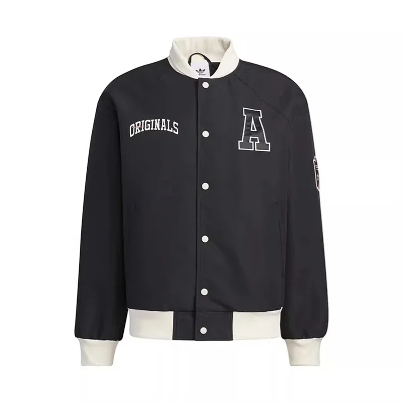 Adidas Jacket Men Baseball Jersey, Stand Up Collar Jacket, Plain Weave Polyester Sand, Black Green Smooth Windproof