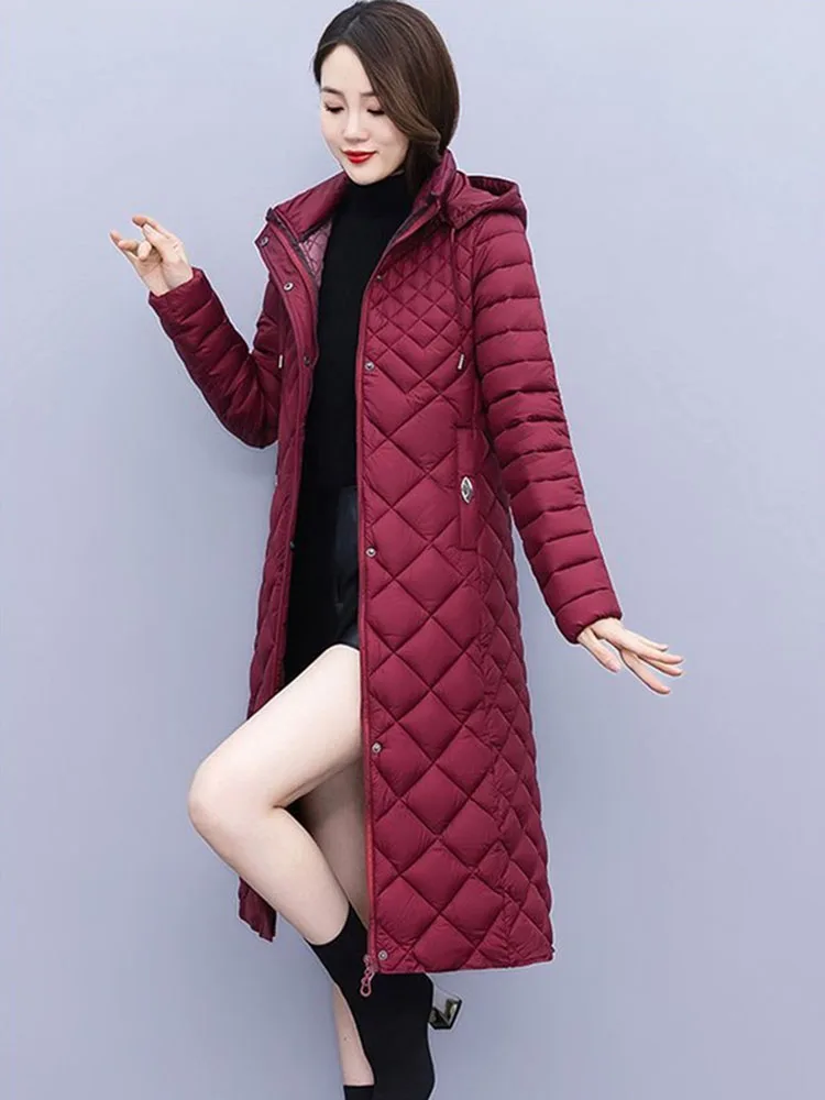 2024 Winter Down Cotton-padded Jacket Women Light Coats Hooded Parka X-long Slim Outerwear Oversize XL-7XL Warm Quilted Overcoat
