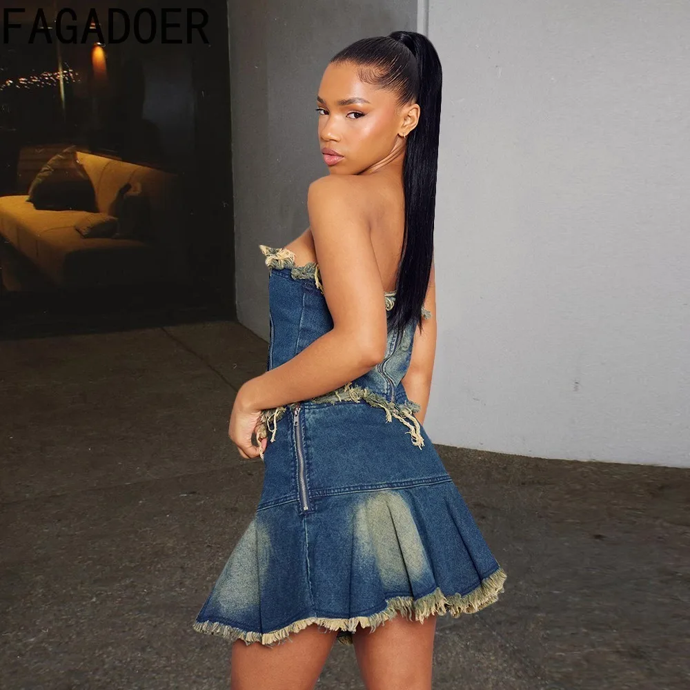 FAGADOER Dark Blue Denim Fashion Bandage Two Piece Sets Women Sleeveless Backless Lace Up Tube And Pleated Mini Skirts Outfits