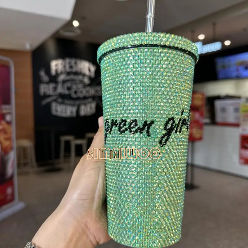 Kristall Bling Bling Stroh Tasse DIY individuelle Worte grün Edelstahl Vakuum Diamant Malerei Strass Mädchen Geburtstagsgeschenk – Detail 3