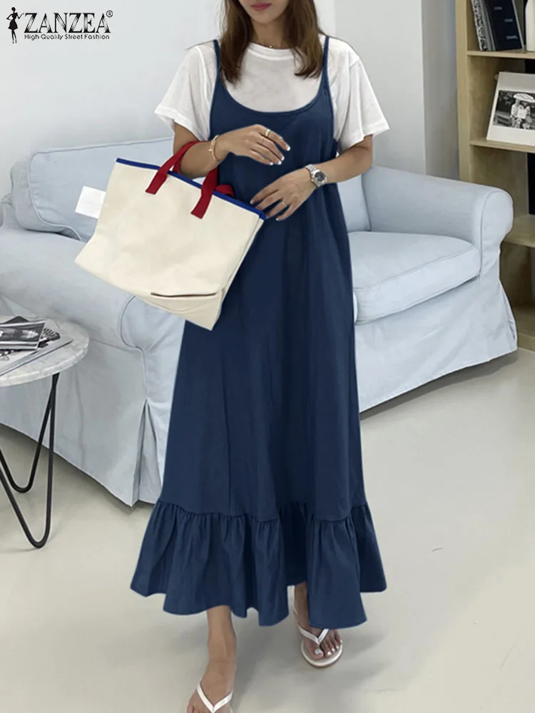 

ZANZEA Round Neck Sleeveless Sundress Ruffled Women Robe Street Denim Strappy Dress 2023 Summer Fashion Loose Casual Maxi Dress