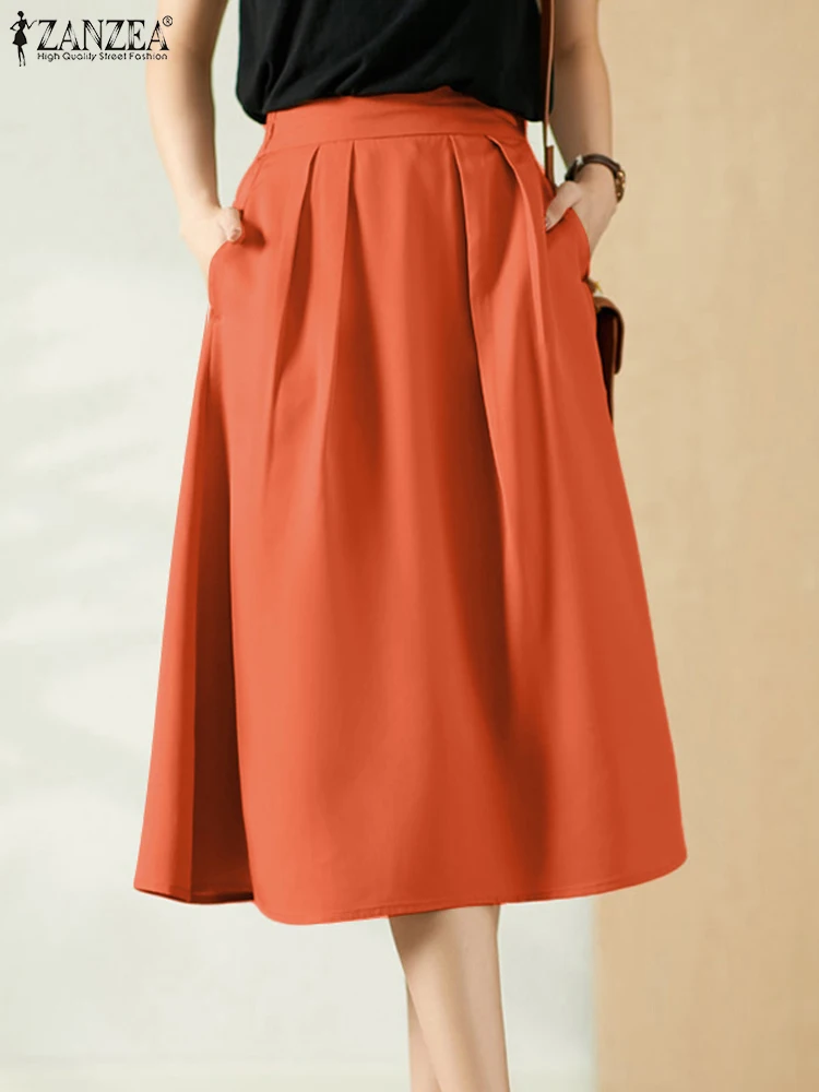 

ZANZEA Summer Elegant Party Work Midi Skirts Fashion Women Elastic Waist Solid Holiday Skirts Faldas Saia Casual Loose Jupe 2024