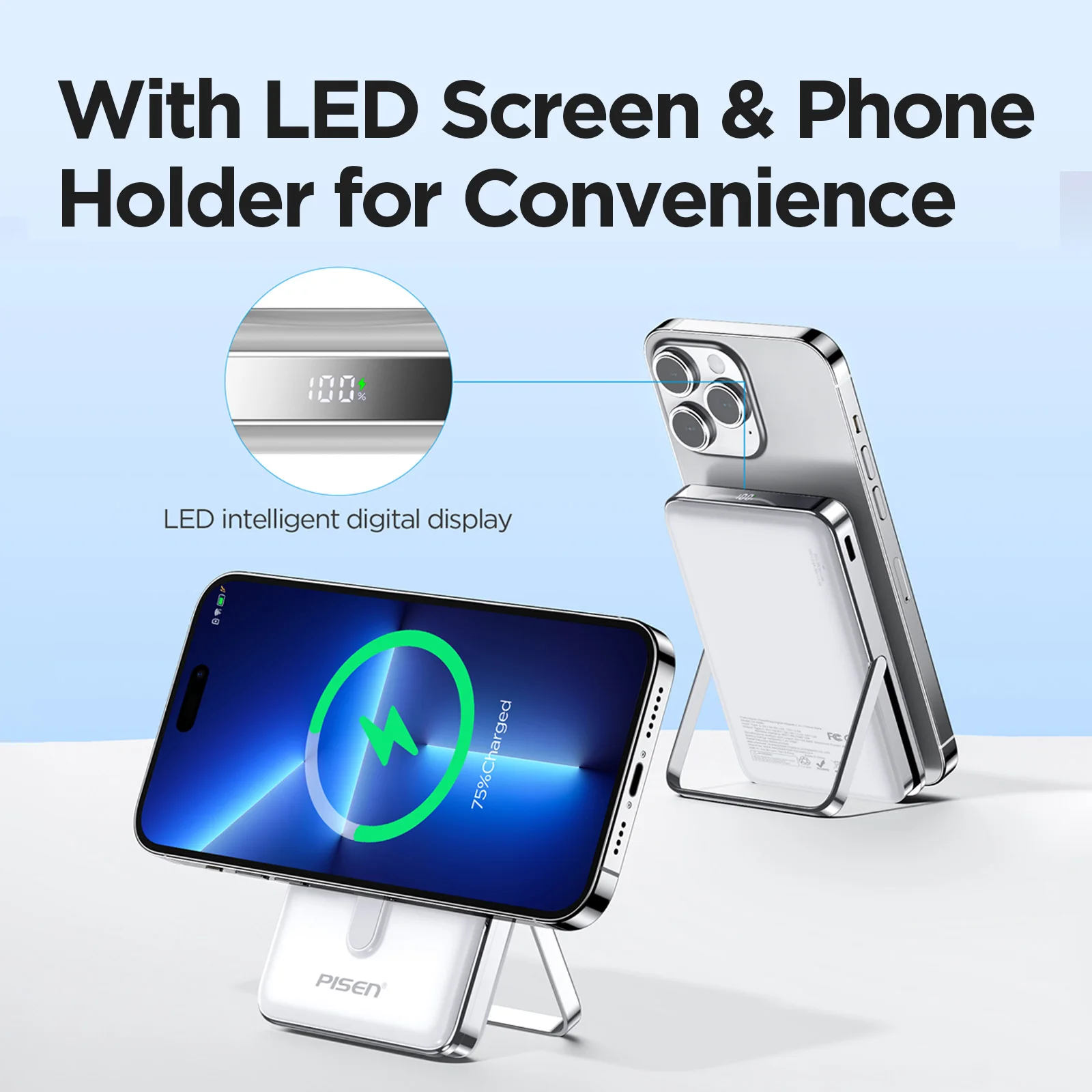 PISEN 30W 10000mAh Magnetic Wireless Power Bank with Stand LED Digital Display Fast Charging External Battery for Samsung Xiaomi 4