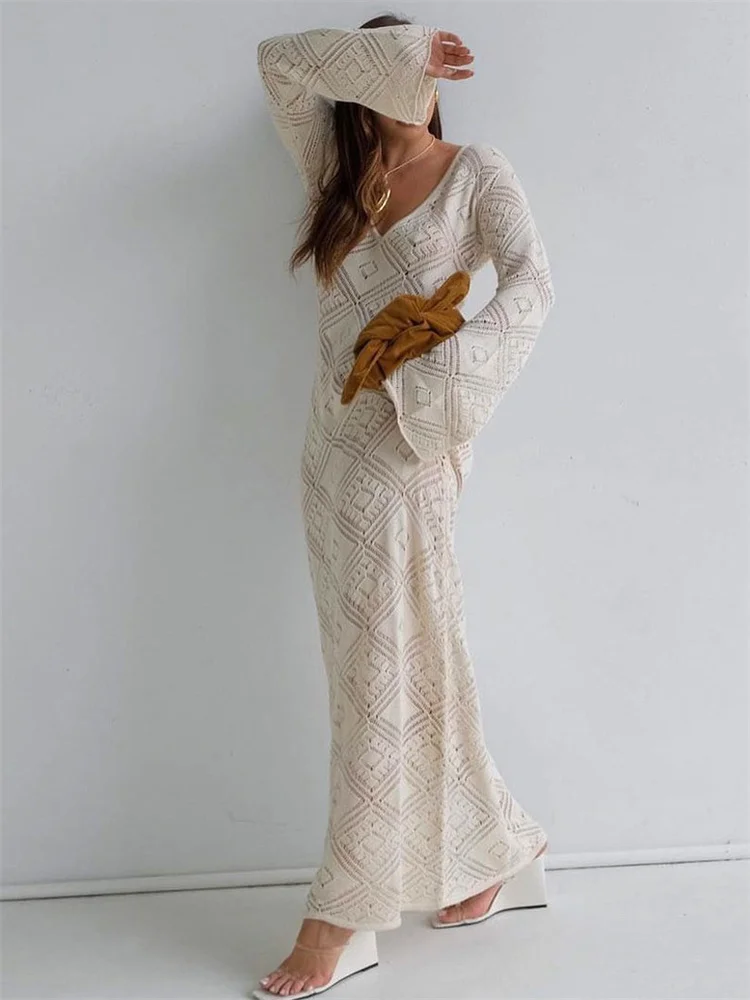 See-Through Loose Dress Flared Sleeve For Women Backless Hollow Out Holiday Beach Outfits V-Neck Pullover Maxi Dress 2025