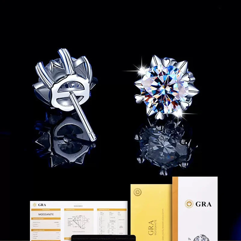 

100% Real 999 Sterling Silver Moissanite Earrings 2 Carat D Color Stud For Women Top Quality Sparkling Wedding Jewelry