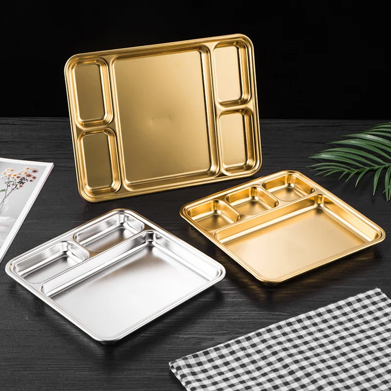 Gold Compartment Dining Plate For Food Serving Trays Stainless Steel Divided Dishes Kitchen Tableware Organization Container 4