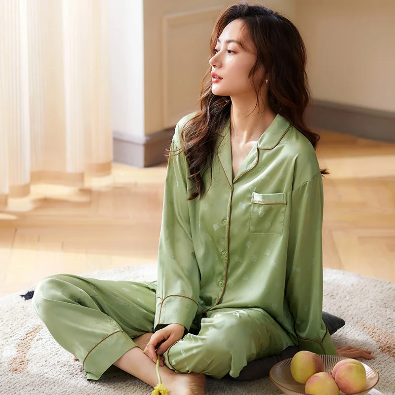 

Пижама, осень-весна, кардиган, шелковая атласная пижама, Женская милая рубашка с длинным рукавом, лацканами и фруктовым принтом, домашняя пижама