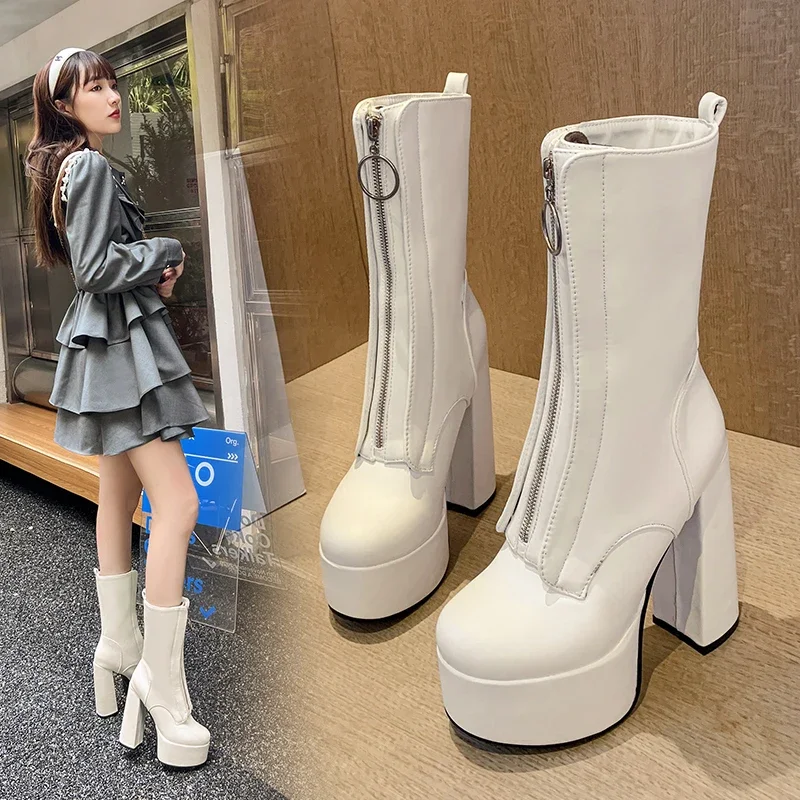 

2023 new autumn winter Women ankle boots plus size 22-26.5CM pu upper front zip modern boots fashion thick heel platform boots