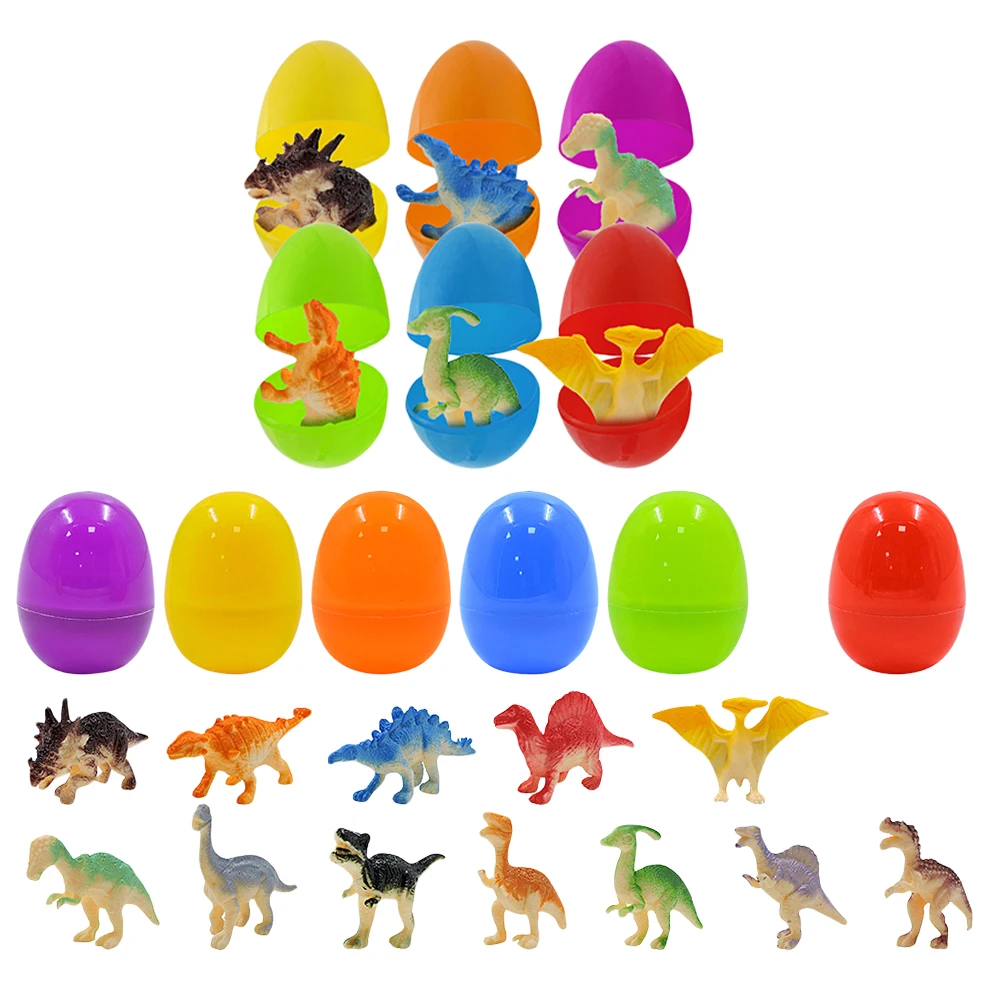 12Pcs Prefilled Easter Eggs Easter Basket Stuffers with Dinosaur Toys Filled Easter Egg Gift Colorful for Kids Toddlers
