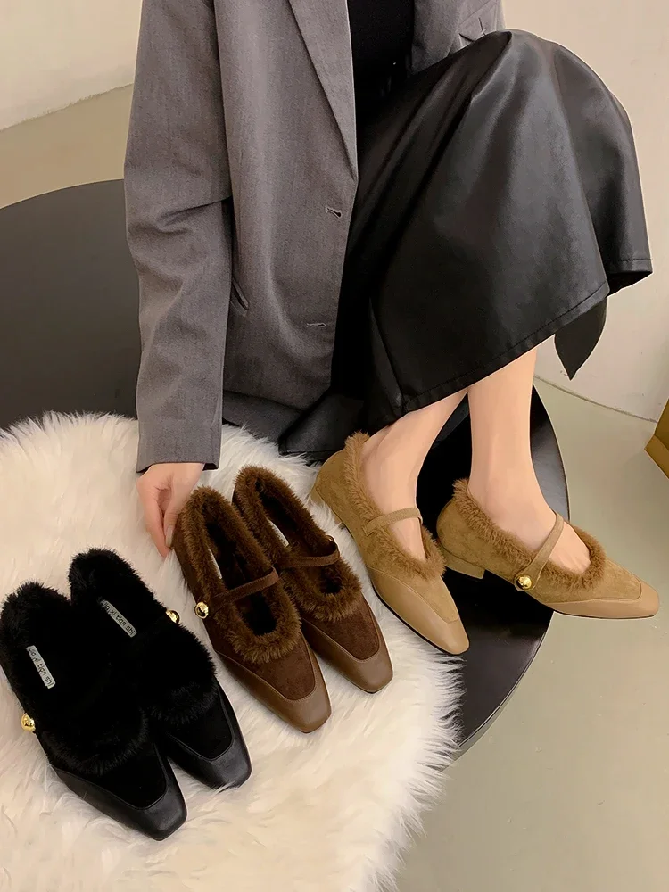 

Женская обувь, плюшевые кожаные туфли, новинка сезона осень/зима 2023, Туфли Мэри Джейн на высоком каблуке с закрытым носком