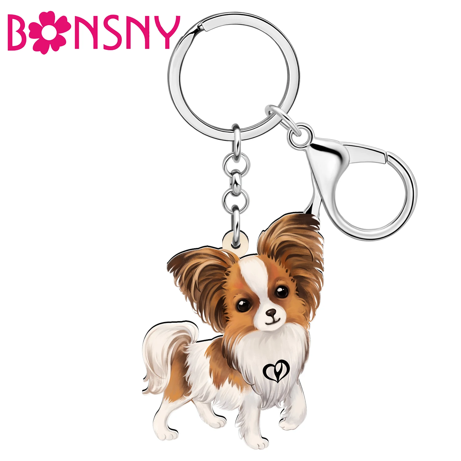 

BONSNY Acrylic Sweet Papillon Dog Keychains Key Chain Puppy Jewelry Car Bag Accessories For Women Kids Friend Pets Gifts