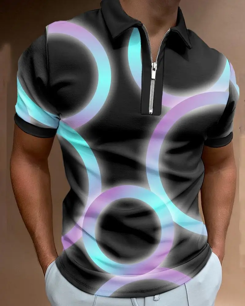 

New Summer Men's Polo Shirt 3D Abstract Geometric Print Zipper Polo Short Sleeve Casual Breathable Top