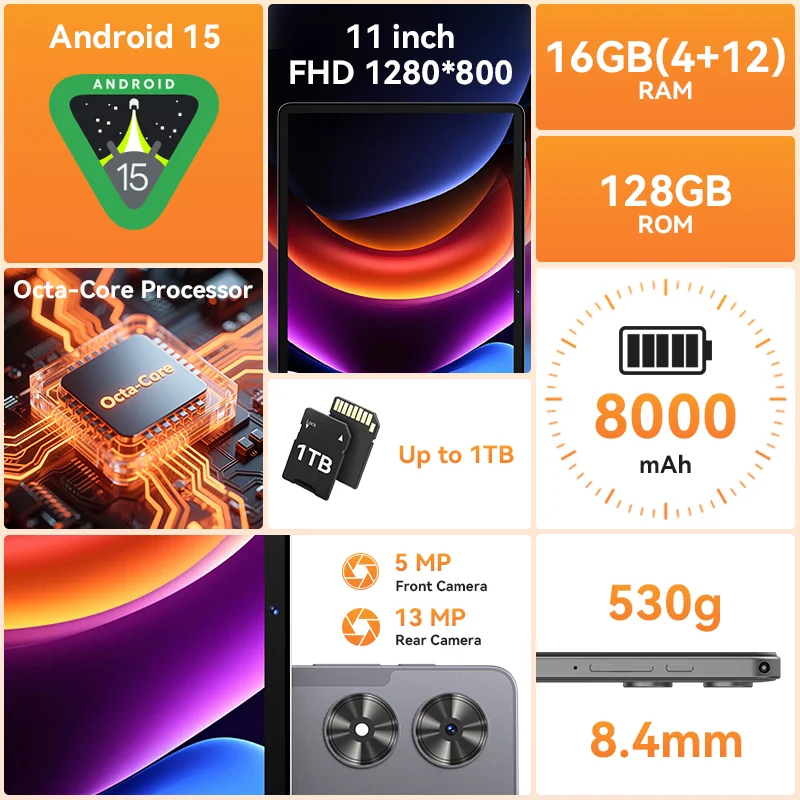 SVITOO Android 15 タブレット 2025 11インチ 1280 x 800 HD IPS